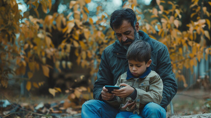 Father And Teenage Son Sitting Together, Looking At Smartphone, Having Fun. Lifestyle Image For Family, Technology, Communication Themes.