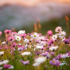 meadow flowers and daisies bloom in abundance, painting the grassy landscape with hues of pink, purple, and white.