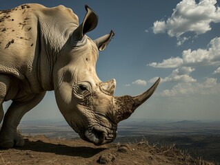 Fototapeta premium Close-up of a rhinoceros in a natural habitat with a scenic backdrop