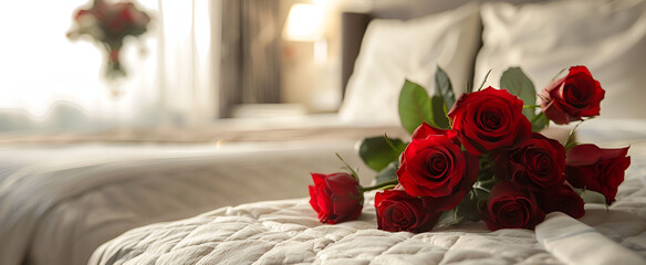 A bouquet of red roses on someone's bed.