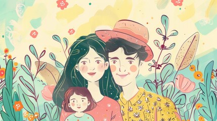 A whimsical illustration of a cheerful family in a colorful floral setting