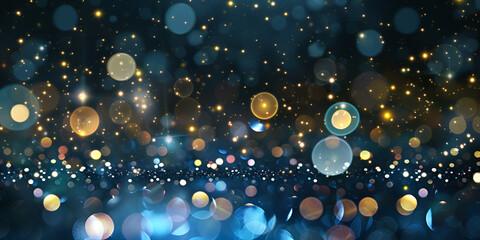 Festive background. Falling small round pieces of gold foil, glowing circles of different sizes on blue blurred bokeh background Holiday, celebration.