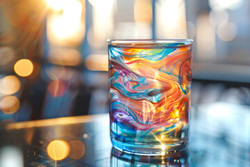 A transparent glass filled with swirling, colorful cocktail. - obrazy, fototapety, plakaty