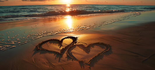 Heart shape on the beach at sunset time. Concept of love and romance.
