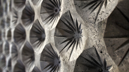 A close examination of the 3D-printed ceramic tiles on a theaters exterior. exhibiting detailed patterns and designs that enhance its visual attraction