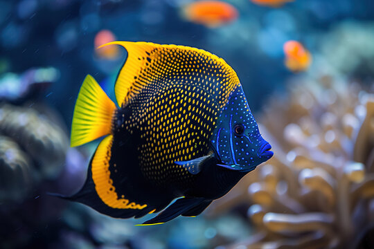 Black and yellow angelfish swimming in coral reef, colorful fish photography, underwater photography