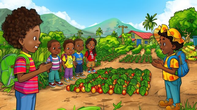 Six children stand in a field on a farm. The children are dressed in colorful clothes and have different facial expressions. In front of them is a garden with various fruits and vegetables.