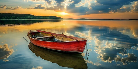 A wooden boat is on the water with the sun setting behind it
