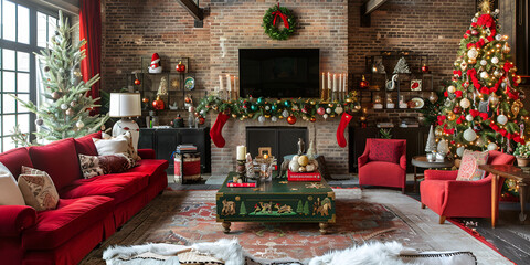 interior christmas magic glowing tree fireplace and gifts.