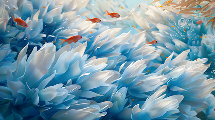 A closeup of seaflowers. a corallike plant with white and blue leaves that floats in the water surrounded by small fish 