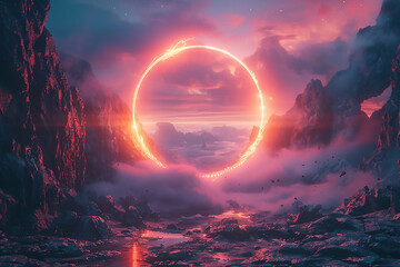 3d illustration of magic neon portal in a peak of foggy mountain.