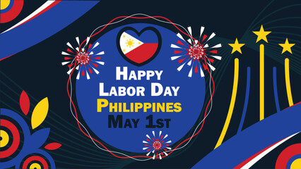 Labor Day Philippines  vector banner design with geometric shapes and vibrant colors on a horizontal background. Happy Labor Day Philippines modern minimal poster.