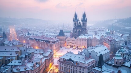 Fototapeta premium Beautiful historical buildings in winter with snow and fog in Prague city in Czech Republic in Europe.
