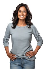 Obraz premium Smiling south asian woman sleeve smile white background.