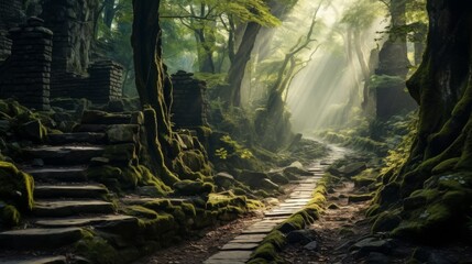 Mystical morning light on a cobblestone path winding through ancient trees
