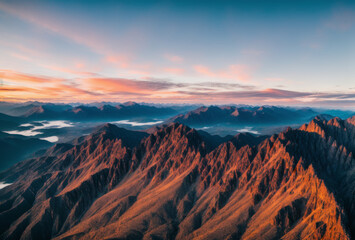 Naklejka premium Sunrise over a rugged mountain range, seen from a drone high above. AI generated.