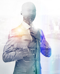 Confident, city and double exposure with portrait of businessman for legal job, career and pride....