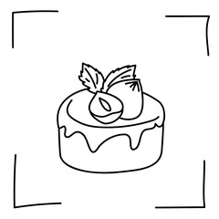 Vector. Contour icons. Line icons of desserts and sweet dishes. Cakes with fruit and nut toppings, ice cream in sketch style. Icons set,  stroke. Hand signs. Set of doodle desserts and sweets.