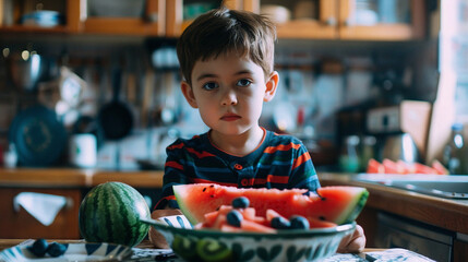 Black Boy And Father Having Fun Preparing Healthy Organic Watermelon Slices In Family Kitchen During Summer Mealtime, Promoting Healthy Eating Habits At Home