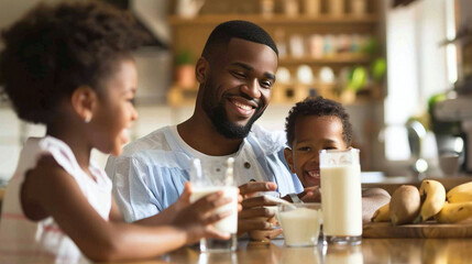 African American Family Enjoying Healthy Breakfast Together In Kitchen, Perfect For Lifestyle, Parenting, Or Nutrition-Related Content
