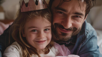 Father And Daughter Playing Together At Home, Girl Wearing Toy Crown, Happy Family Bonding Moment, Perfect For Parenting Or Childhood Blog Posts And Articles