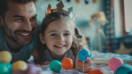 Father And Daughter Playing Together At Home, Girl Wearing Toy Crown, Happy Family Bonding Moment, Perfect For Parenting Or Childhood Blog Posts And Articles
