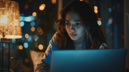 Young Businesswoman Working On Laptop At Night, Having A Video Conference Call Meeting, Distance Education Or Remote Work