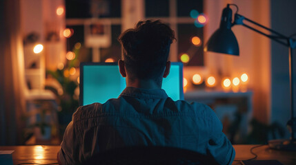 Young Businessman Working On Laptop Computer At Night In Office, Watching Movie Or Using Social Media For Education Or Startup