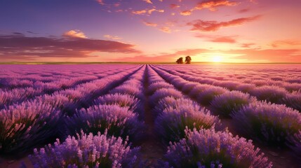 Stunning sunset over a vibrant lavender field with vivid colors and dramatic sky