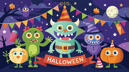 Halloween party invitation background beckoning guests with zombies, bats, and pumpkins.