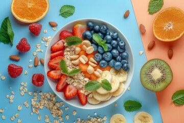 Fruit salad boosts dietary rye and high fiber morning routines, offering a healthy snack with energy nutrients in a sweet breakfast that includes nutritional wheat for a tasty morning routine.