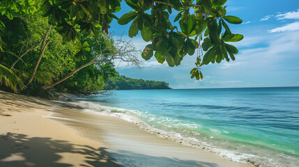 Gentle Waves Lap The Sun-Kissed Sands Of A Quiet Beach, Flanked By Verdant Tropical Trees Under A Clear Blue Sky, Tropical Beach