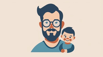 A stylized illustration of a bearded man with glasses holding a small child