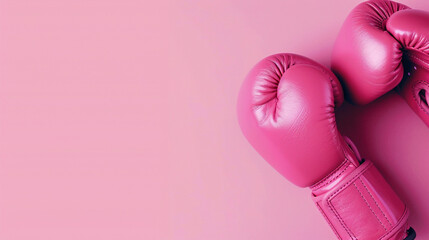 women boxing gloves on light background, copy space text. Breast cancer awareness month concept