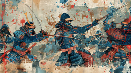 Vibrant Samurai Combat Scene Illustration
