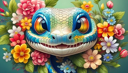 Portret wesołego węża pośród kwiatów, abstrakcja, dekoracja. Generative AI - obrazy, fototapety, plakaty