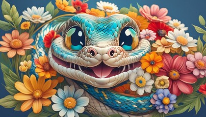 Portret wesołego węża pośród kwiatów, abstrakcja, dekoracja. Generative AI - 797043758