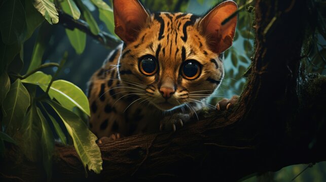 Majestic margay cat perched on a tree at night showcasing its large eyes in a lush forest