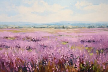 Field of purple flowers landscape painting outdoors.