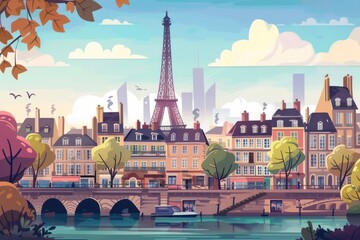 Vivid artistic illustration of Paris, France - Eiffel Tower, cartoon style