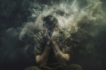 Obraz premium Man Overwhelmed by Mist Symbolizing Struggle on International PTSD Awareness Day