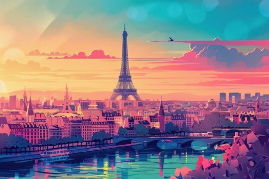 Vivid artistic illustration of Paris, France - Eiffel Tower