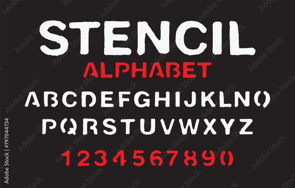Fototapete set of letters and numbers of the latin alphabet. font stencil with white and red paint on black bac