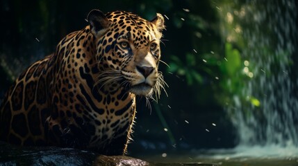 Lone jaguar in a lush jungle by a waterfall, captured in stunning detail