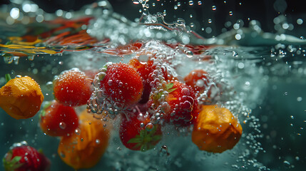 Splashing fruit on water, Fresh Fruit and Vegetables being shot as they submerged under water,...