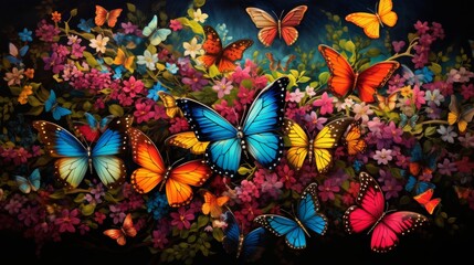 Colorful butterflies flying over vibrant multicolored flowers in a striking nature-themed painting