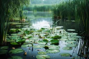 A tranquil pond surrounded by green reeds and lily pads. - obrazy, fototapety, plakaty