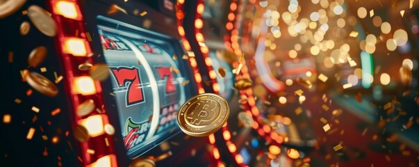 Cryptocurrency and gambling concept with bitcoin and slot machine