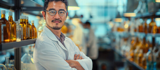 A smiling young Asian man scientist wearing lab coat in a research laboratory.