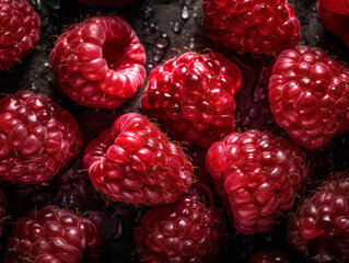A close up of a bunch of red raspberries. The raspberries are fresh and juicy, and they are arranged in a way that makes them look like they are ready to be eaten